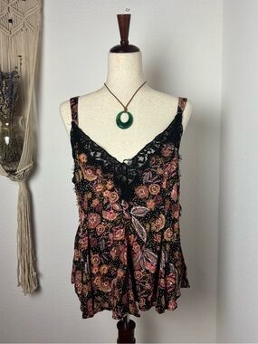Free People Black Floral Lace-Trim Cami with Pink & Gold Details